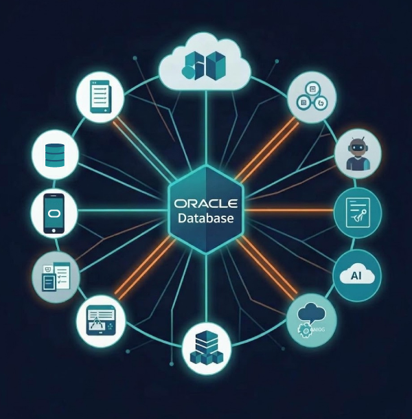 APEX 作為中心樞紐，串連 Oracle Database 與多元終端與服務